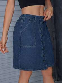 Minifalda de tubo de mezcla de algodón para mujer, de unicolor, con bolsillo, adecuada para todas las estaciones y uso casual en verano - Azul lavado oscuro - Ver 3