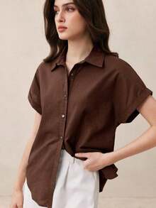 Nueva llegada Camisa casual de manga corta con botones delanteros de unicolor, adecuada para uso diario, primavera/verano - Café integral - Ver 5