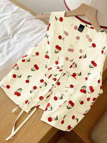 Camisa casual de mujer con nudo delantero y estampado de cerezas para vacaciones - Amarillo 2 - Ver 9
