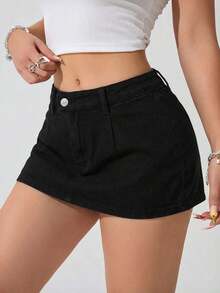 Falda mini de mezclilla lavada informal para mujer - Negro 2 - Ver 9