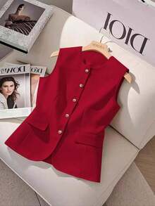 Camisa sin mangas de unicolor y estilo minimalista con botones para mujer - Rojo - Ver 5