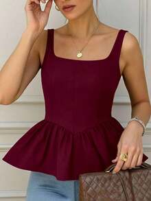 Camiseta de tirantes plisada marrón para mujer (elástico de 4 vías) - Burdeos - Ver 4