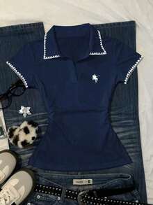 Camiseta casual de mujer con ribete de contraste y cintura fruncida, para verano - Azul marino - Ver 6