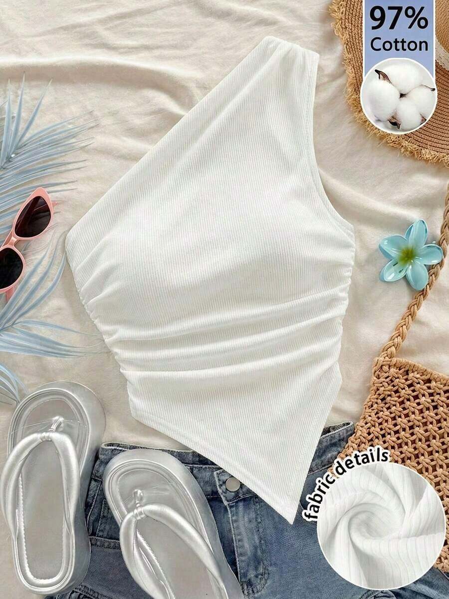 Blusa casual de unicolor con hombros oblicuos y ajustada, apropiada para el verano - Blanco - Ver 1