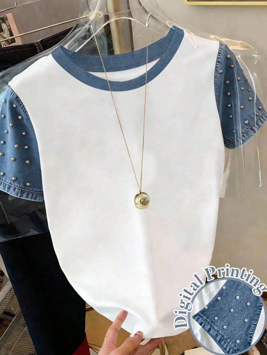 Nuevo estilo de gran , camiseta de mujer de manga corta con rayas decoradas con strass de estilo retro americano, adecuada para ir a la escuela, de compras y salir con amigas por la calle, y versátil en primavera y verano - Multicolor 8 - Ver 1