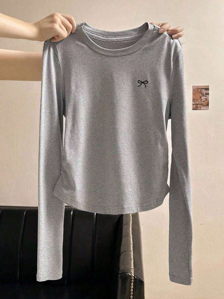 Camiseta casual de manga larga, cuello redondo, con estampado de lazo, color negro para mujer - Gris - Ver 1