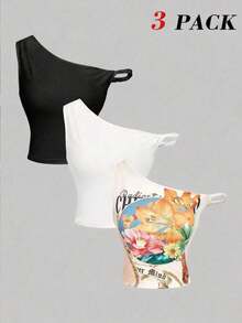 Top casual de tirantes con estampado de letras y frutas, ajuste ceñido para mujer - Multicolor 3 - Ver 11