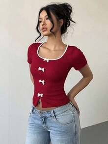 Camiseta casual de mujer de manga corta con adorno de lazo de color contrastante - Burdeos - Ver 5