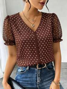 Blusa de gasa con estampado de lunares francés de moda para mujer, diseño elegante y elegante de manga corta con volantes para el verano - Marrón - Ver 8