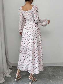 Vestido largo con cuello cuadrado, mangas farol y estampado floral para mujer - Albaricoque - Ver 2