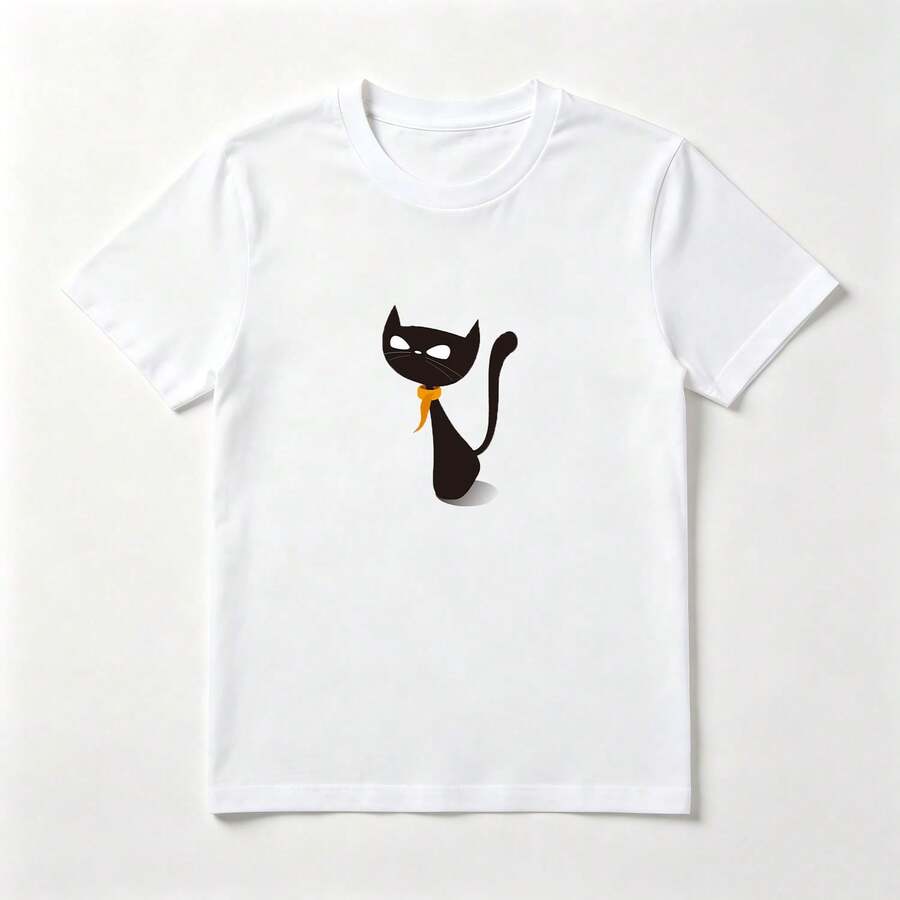 Playera Estampado Gato Negro con Pañuelo - Algodón Puro Mujer Verano - Blanco - Ver 1