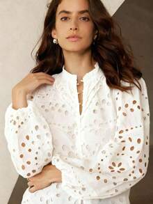 Nueva llegada Blusa de manga larga con bordado, estilo francés casual, con pliegues y calados en la parte delantera - Blanco - Ver 2