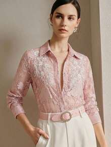 Blusa de manga larga para mujer con bordado floral delicado y decoración con cuentas, aplicación simétrica, nueva para primavera/verano - Rosa - Ver 3