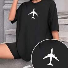 Minimalist American-Style Cotton T-Shirt With Airplane Print For Summer, European And American Niche Fashion, Youthful And Elegant Top,  Women's T-Shirt. - 黑色 - 查看 8