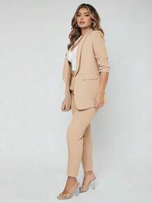 Traje de blazer con cuello de chal y pantalones para otoño/invierno - Caqui - Ver 3