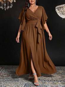 Vestido maxi elegante de fiesta con abertura, cuello en V ajustado, mangas acampanadas y cintura fruncida, talla grande para mujer - Marrón - Ver 4