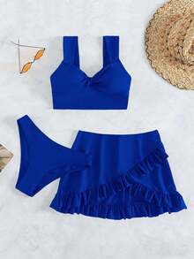 Swim Conjunto de bikini de 2 piezas con diseño trenzado de unicolor para mujer de verano, con cubrepantalón y minifalda - azul real - Ver 5