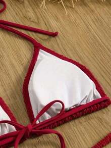 Conjunto de bikini de triángulo de unicolor con pareo para vacaciones en la playa, verano negro - Rojo - Ver 5