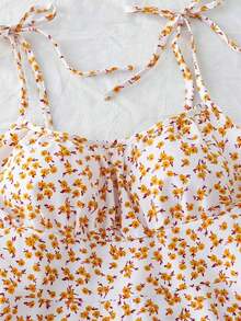 Vestido mini con tirantes de espagueti y estampado floral ditsy con lazo - Amarillo - Ver 4