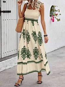 Women's Beach Dress, Holiday Style Printed Strapless Dress - Apricot - View 10