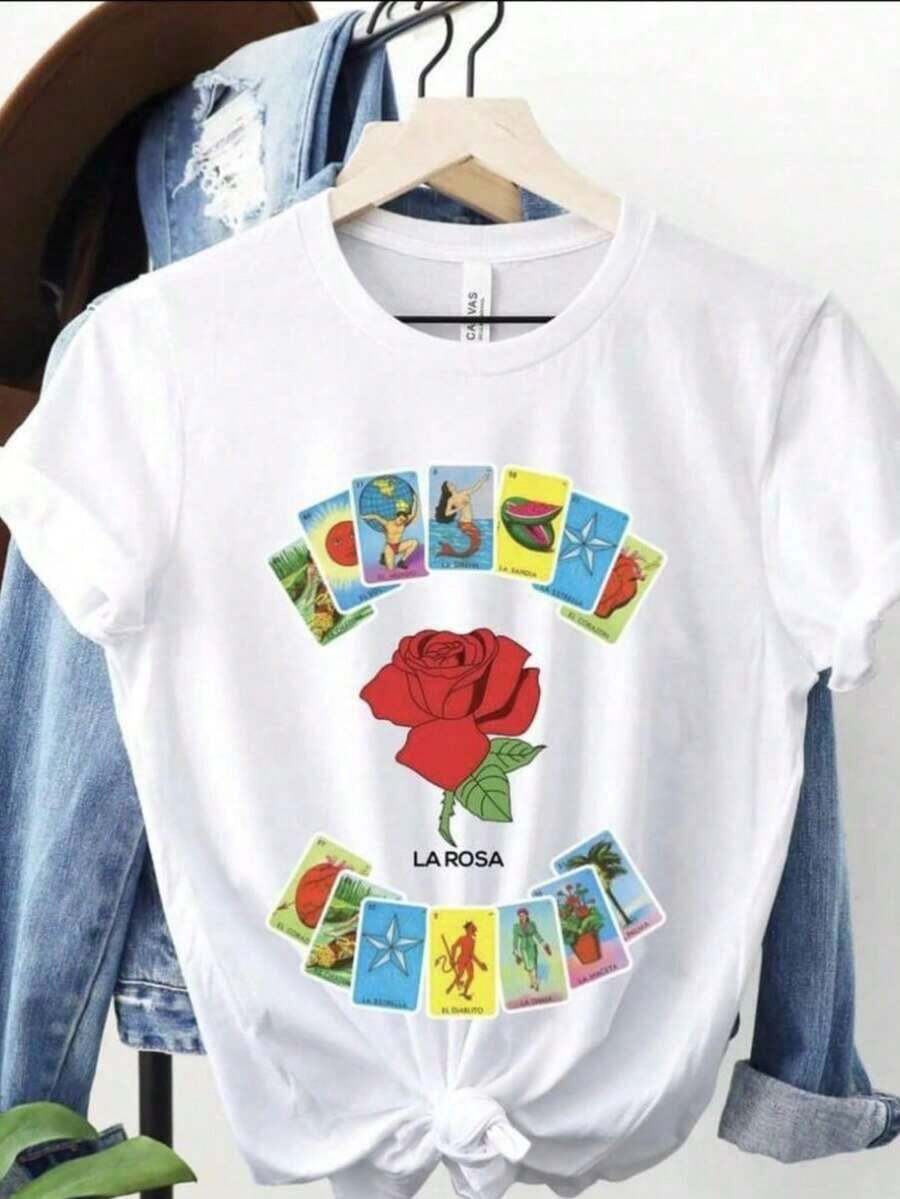 Camiseta de algodón con estampado lotería mexicana casual de moda para mujer - Blanco - Ver 1
