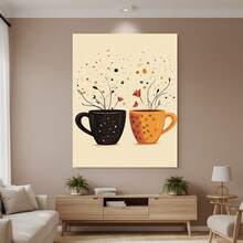 Enmarcado Lienzo decorativo 2D plano de 1 pieza, estilo Art Déco moderno retro, diseño de tazas humeantes otoñales, póster impreso de alta calidad, elegante decoración de oficina en casa con marco de  para sala de estar, dormitorio, cocina, baño, orientación vertical para interiores, decoración de cocina - Enmarcado - Ver 1