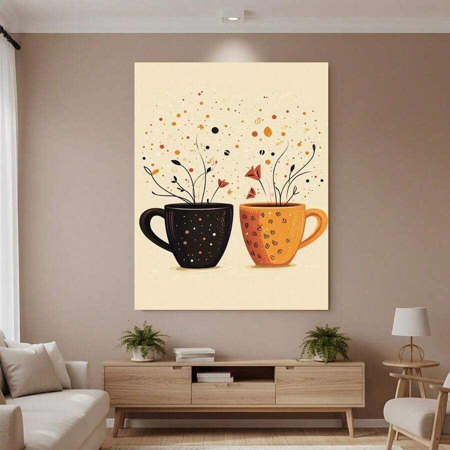 Enmarcado Lienzo decorativo 2D plano de 1 pieza, estilo Art Déco moderno retro, diseño de tazas humeantes otoñales, póster impreso de alta calidad, elegante decoración de oficina en casa con marco de  para sala de estar, dormitorio, cocina, baño, orientación vertical para interiores, decoración de cocina - Enmarcado - Ver 1