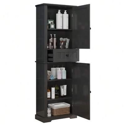 Bathroom Cabinet Measuring 56 X 28 X 167.3 Cm, Fully Coated With Moisture-Resistant Lacquer, Upper And Lower Cabinets + Central Drawer, Adjustable Shelves, Black Handles, White Color.