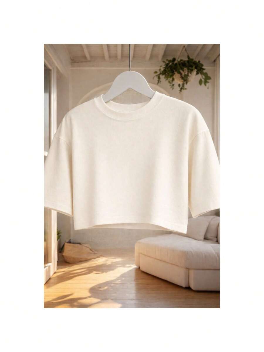 Women's Oversized Cropped Top, Plain, Basic, Stylish, Versatile, Various Colors, 100% Cotton - 米白色 - 查看 1