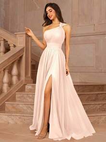 Vestido formal largo para dama de honor, invitada de boda, evento, verano, San Valentín, cumpleaños, con cuello cruzado asimétrico de un hombro, espalda descubierta, falda de tul en línea A, vestidos de mujer para otoño, regreso a clases, fiesta de bienvenida, cumpleaños, primavera elegante - Rosa - Ver 4
