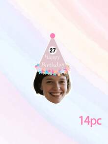 7/14/21件套定制照片文字生日帽横幅，个性化人脸派对彩旗，定制年龄生日花环装饰，个性化人脸生日横幅，定制派对帽照片横幅，独特的生日装饰（男女皆宜） - 彩色 - 查看 14