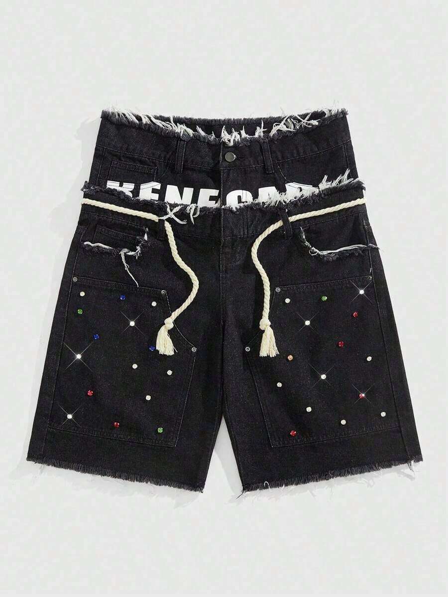 ROMWE MEN Street Life Pantalones cortos de mezclilla con doble cintura y bordado para hombres - Negro 5 - Ver 1