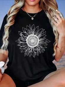 Camiseta Blanca Holgada con Estampado de Girasol Vintage para Mujer, Top Casual de Verano, Camiseta con Estampados Divertidos, Adecuada para el Día de San Valentín, el Hogar, Caminatas, Deportes, Fiestas, Regalos Navideños, Camiseta para Mujer, 220g, Modaropa de calor mujer - Negro - Ver 1