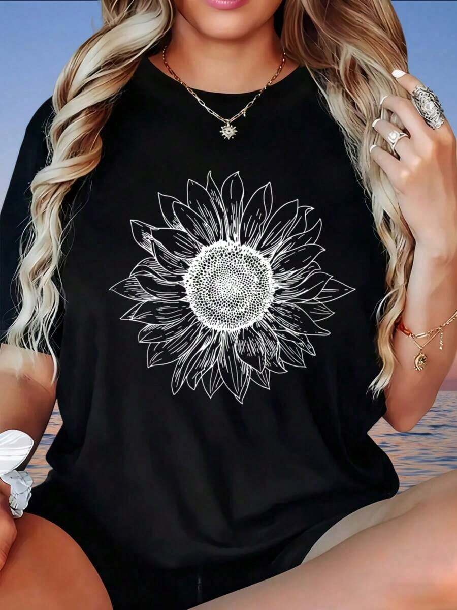 Camiseta Blanca Holgada con Estampado de Girasol Vintage para Mujer, Top Casual de Verano, Camiseta con Estampados Divertidos, Adecuada para el Día de San Valentín, el Hogar, Caminatas, Deportes, Fiestas, Regalos Navideños, Camiseta para Mujer, 220g, Modaropa de calor mujer - Negro - Ver 1
