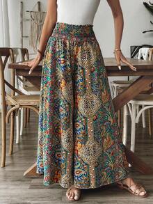 Pantalones de vacaciones de talle alto y pierna ancha con estampado de paisley para mujeres - Multicolor 2 - Ver 6