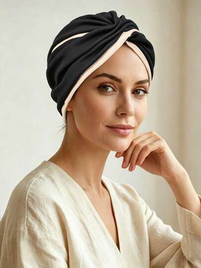 Awegeo Turbante de mujer de dos tonos con bloqueo de color, contraste anudado, turbante casual suave y transpirable para uso diario