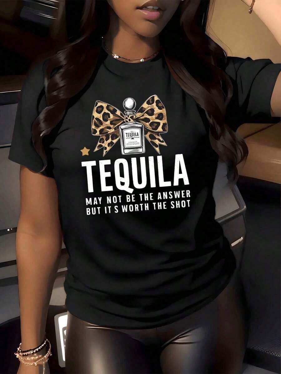 1 pieza Camiseta con estampado gráfico de lazo de leopardo Tequila 220g Frases divertidas Camiseta casual de cuello redondo para mujer% algodón Estilo streetwear - Estilo vintage de calle Camiseta unisex holgada de algodón de manga corta con cuello redondo - Negro - Ver 1