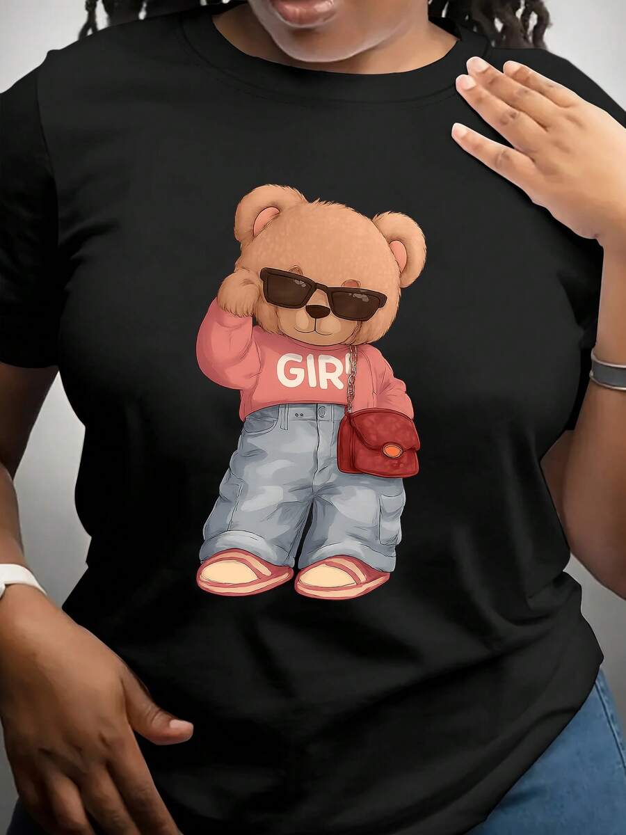 Camiseta gráfica para mujer Roseseek, estampado de dibujos animados, cuello redondo, manga corta, camiseta con estampado de oso pequeño. - Negro - Ver 1