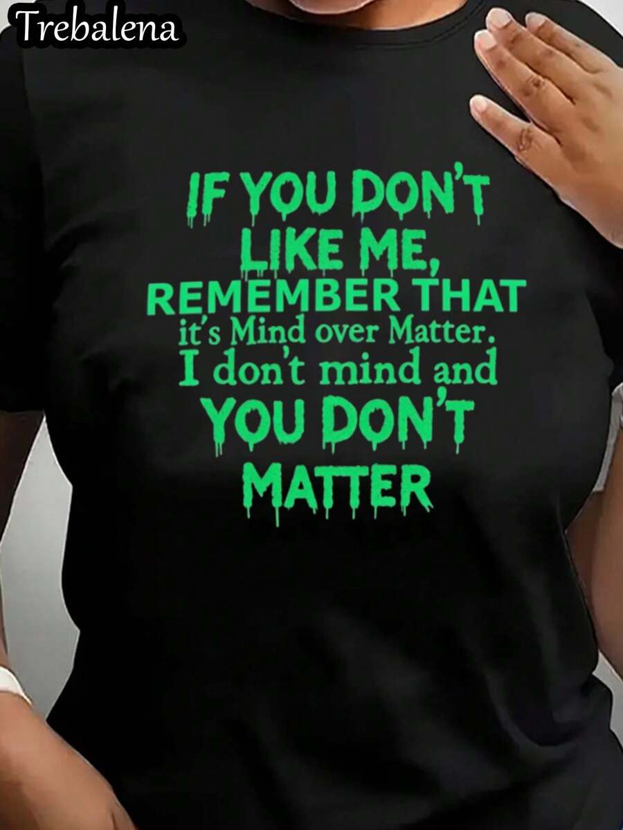 100% Bold Statement Crew Neck T-Shirt, Women's Plus Size T-Shirt, "Mind Over Matter" Graphic Tee With Green Text On Black Background, Short Sleeve T-Shirt, Fashionable Casual Top, Women's Clothing For Summer And Spring, Ideal For Mother's Day/Anniversary/June 10th. - 黑色 - 查看 1