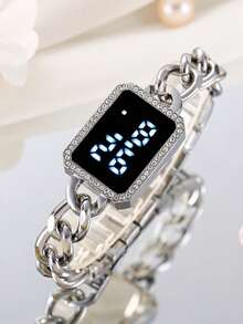 LED Touch Screen Digital Watch Set, Luxury Crystal Bracelet Style Women's Watch - Silver - View 4