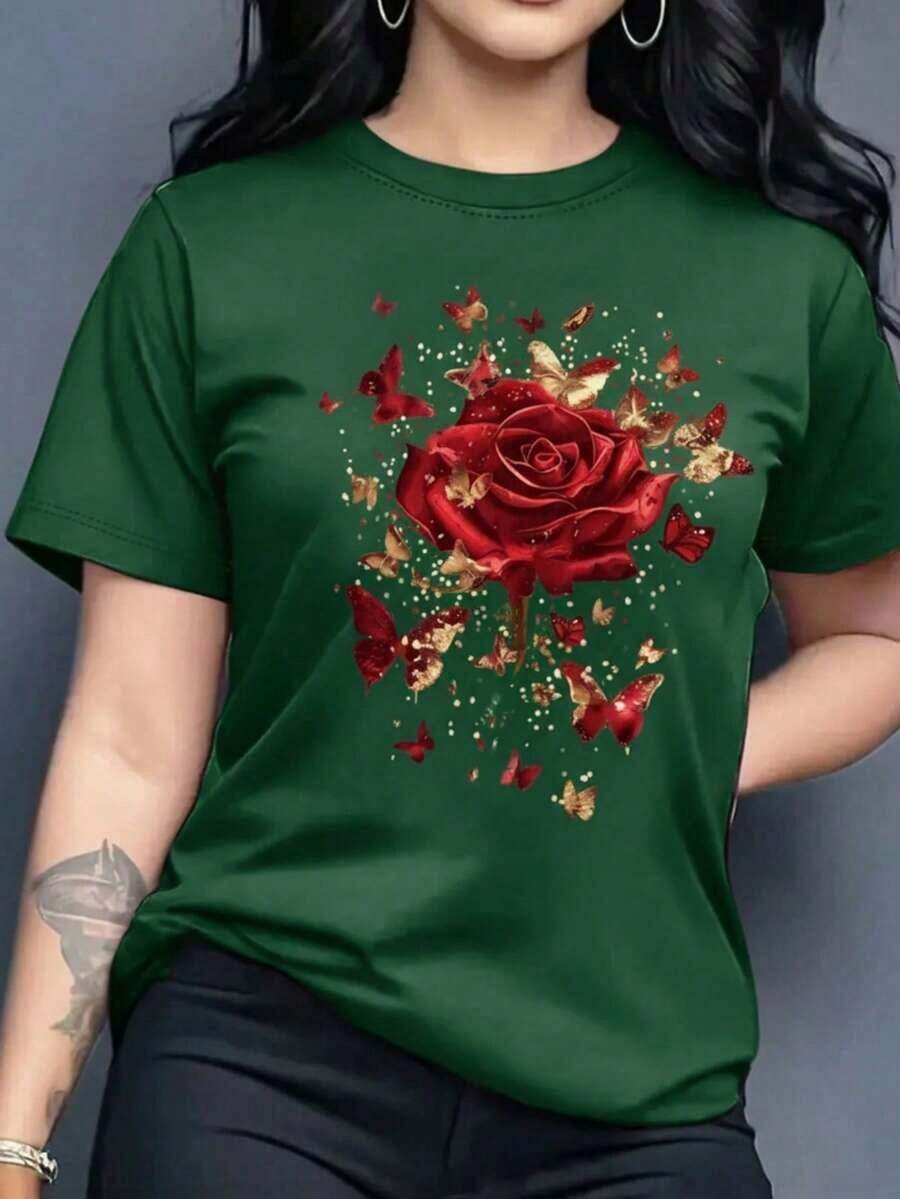 Playera camiseta gráfica dama mujer manga corta cuello redondo básica  cómoda fresca ligera fit regular moderna juvenil estampado rosas flores 3d brillo mariposa insectos - Verde - Ver 1