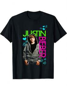 T-shirt med Bieber-mönster, med neongrön och rosa text, blå hjärtformade stjärnor och blommor, avslappnat mönster, herrstil, rolig tryckt T-shirt, andningsbar och mjuk bomull, stretchtyg, lätt sommarskjorta, street style, oversized rund hals, lämplig för vardagsbruk, present, festivalkläder för kvinnor, t-shirt, sommarkläder, festkläder, vardagskläder, perfekt för fester och familjesemester. - Svart - Visa 7