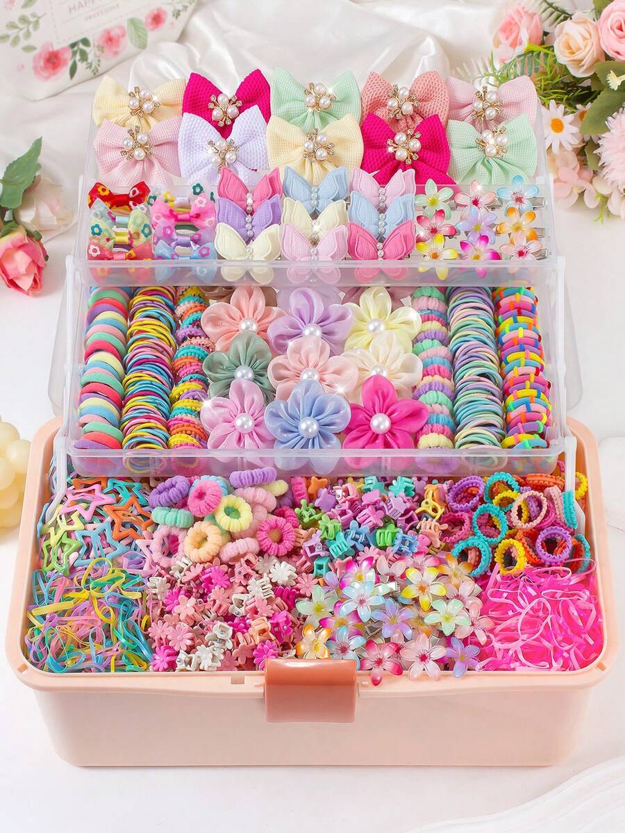 871pcs Spring Candy Color Sweet Children Hair Accessories Set, Includes Rhinestone Pearl Butterfly Flower Hair Clips, Textured Bow Hair Clips, Gradient Daisy Hair Clips, Mesh Bow Side Clips, Mini Claw Clips, High Elastic Ruffle Hair Ties, Colorful Towel Rings And TPU Headbands, Suitable For Children's Daily Wear And Party - Multicolor - View 1