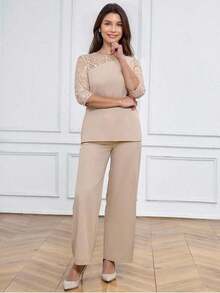 Conjunto de 2 piezas de top de manga larga y pantalones con empalme de malla bordada con lentejuelas de unicolor elegante para mujer, conjunto informal azul para primavera y verano - Caqui - Ver 4