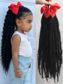 1 pieza Extensión de cabello sintético de 18 pulgadas con rizo esponjoso y negro, con clip de lazo, accesorio cómodo para niñas - Negro natural - Ver 10