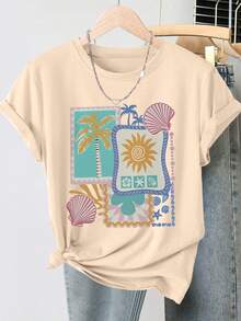 Women's Short-Sleeved Crew Neck T-Shirt, Vintage Style, New Spring/Summer 2026 Collection, With A Tropical Print Of Palm Trees, Sun, Seashells, And Starfish. This Retro Distressed Style Casual Top Is Made Of Soft Knit Fabric And Is A High-Quality Women's Garment. | Fun And Original Design | Suitable For Everyday Wear In Spring, Summer, And Autumn. | A Fun And Youthful Top From TopFashion. - 杏色 - 查看 10