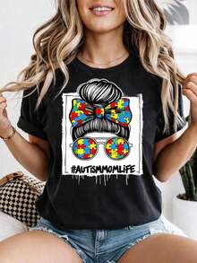 Camiseta A1utiS1M Mom L1ife, Regalo para mamás con necesidades especiales, Camiseta gráfica A1utiS1M para neurodistrofia. Camiseta unisex de algodón puro de 220 g, peso ideal para todas las estaciones, apta para hombres y mujeres. Tejido duradero de alta calidad, suave al tacto y de larga duración. Top transpirable. Adecuado para la primavera y el verano de las mujeres, vacaciones, Día de la Madre, Día de la Independencia. - Negro - Ver 1