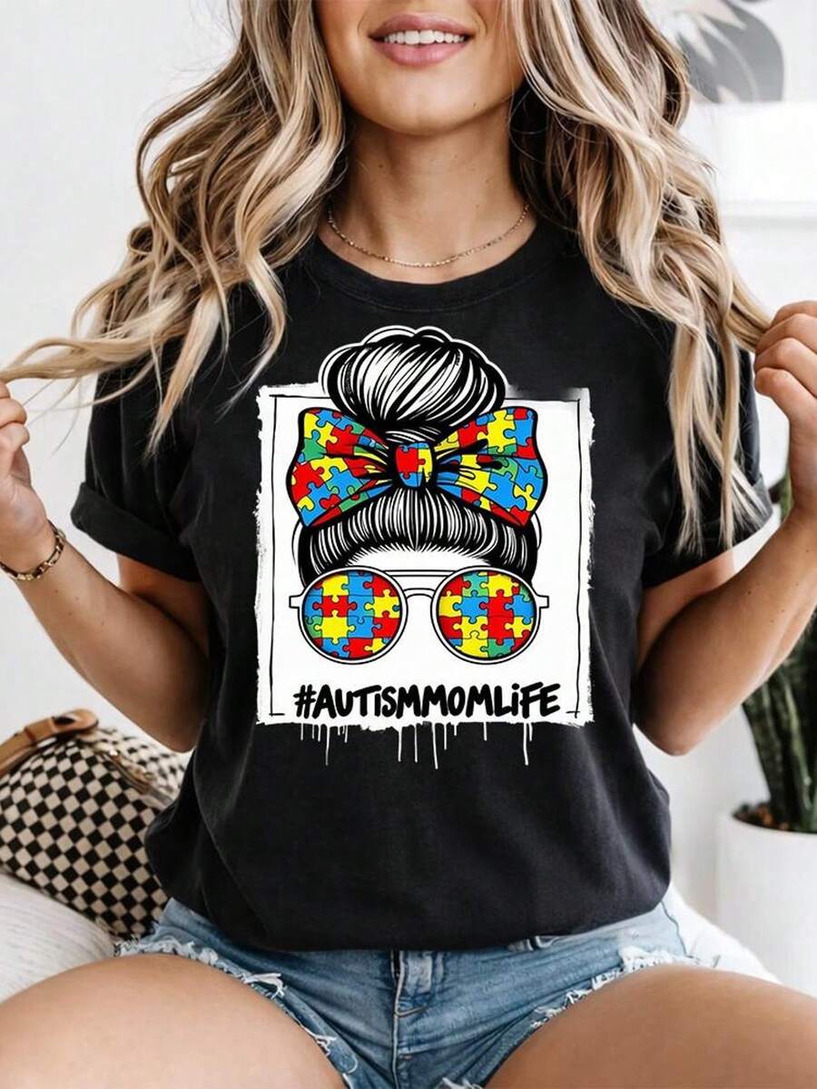 Camiseta A1utiS1M Mom L1ife, Regalo para mamás con necesidades especiales, Camiseta gráfica A1utiS1M para neurodistrofia. Camiseta unisex de algodón puro de 220 g, peso ideal para todas las estaciones, apta para hombres y mujeres. Tejido duradero de alta calidad, suave al tacto y de larga duración. Top transpirable. Adecuado para la primavera y el verano de las mujeres, vacaciones, Día de la Madre, Día de la Independencia. - Negro - Ver 1