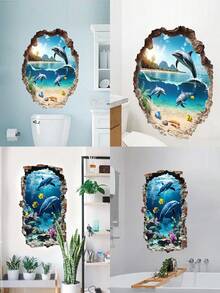 1pc Removable Dolphin & Ocean Scene Wall Sticker, Suitable For Bathroom Wall Decor - A - View 7