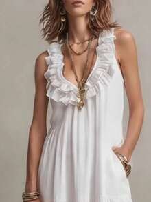 Women's Long Sleeveless Dress, V-Neck, Ruffles, Minimalist And Plain French Style, Ideal For Holidays, New 2026 Collection - 白色 - 查看 2